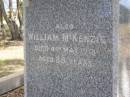 
Margaret Allan,
wife of William MCKENZIE,
born Dundee Scotland 1 Nov 1853
died Warwick 26 July 1912;
William MCKENZIE,
died 4 May 1916 aged 68 years;
Yangan Presbyterian Cemetery, Warwick Shire
