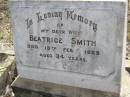 
Beatrice SMITH,
wife,
died 13 Feb 1929 aged 34 years;
Yangan Presbyterian Cemetery, Warwick Shire
