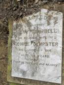 
Mary CAMPBELL,
wife of George Dempster,
died 3 June 1916 aged 66 years;
Yangan Presbyterian Cemetery, Warwick Shire
