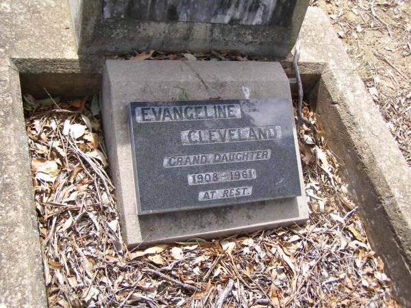 Erick Hendrick JOHANSON,  | died 20 May 1931;  | Anna JOHANSON,  | died 22 March 1939;  | Evangeline CLEVELAND,  | grand-daughter,  | 1908 - 1961;  | Yangan Presbyterian Cemetery, Warwick Shire  | 