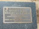 
Jennifer Beryl WRIGHT (nee UPSDELL),
wife of Jerry,
mother of Peter, Susan, Geoffrey, Lyn & Simon,
died 31 July 1999 aged 62 years;
Yarraman cemetery, Toowoomba Regional Council
