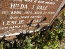 
Hilda J. DALE,
wife mother,
died 1 April 1975 aged 72 years;
Leslie J. DALE,
father,
died 24 Mar 1977 aged 77 years;
Yarraman cemetery, Toowoomba Regional Council
